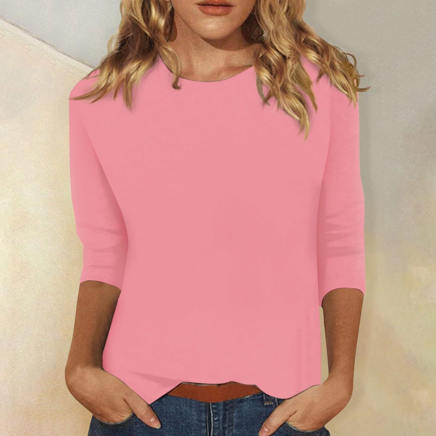 Femme T-shirt Manches Trois-Quarts avec Col Rond