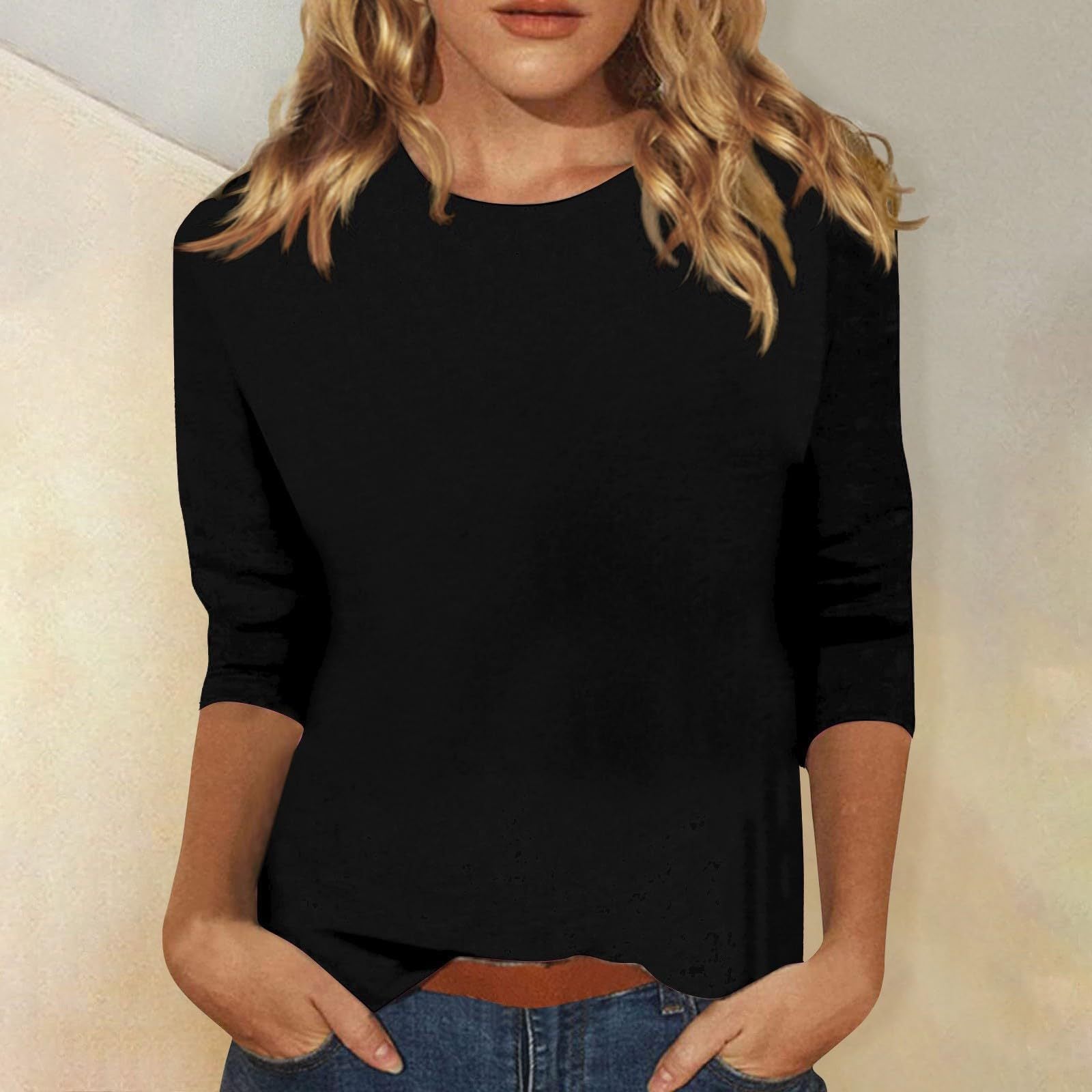 Femme T-shirt Manches Trois-Quarts avec Col Rond