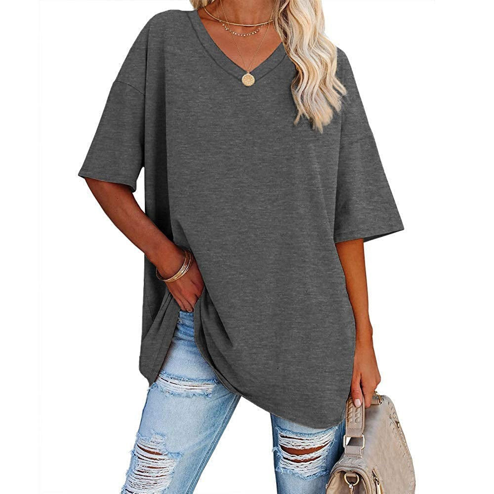 Femme T-Shirt Oversize Manches Courtes avec Col en V