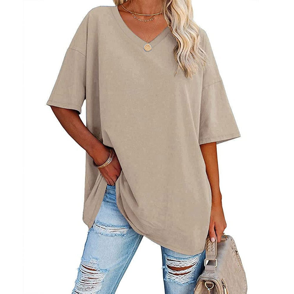 Femme T-Shirt Oversize Manches Courtes avec Col en V