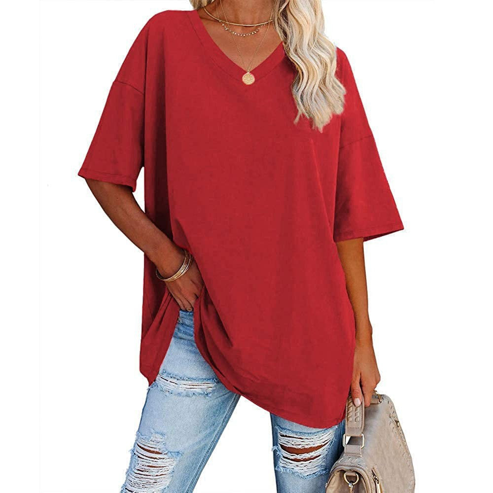 Femme T-Shirt Oversize Manches Courtes avec Col en V