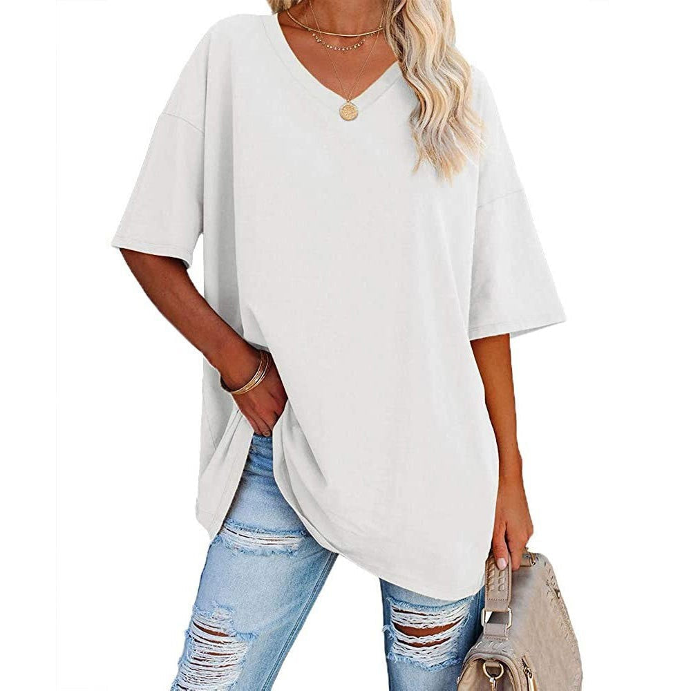 Femme T-Shirt Oversize Manches Courtes avec Col en V