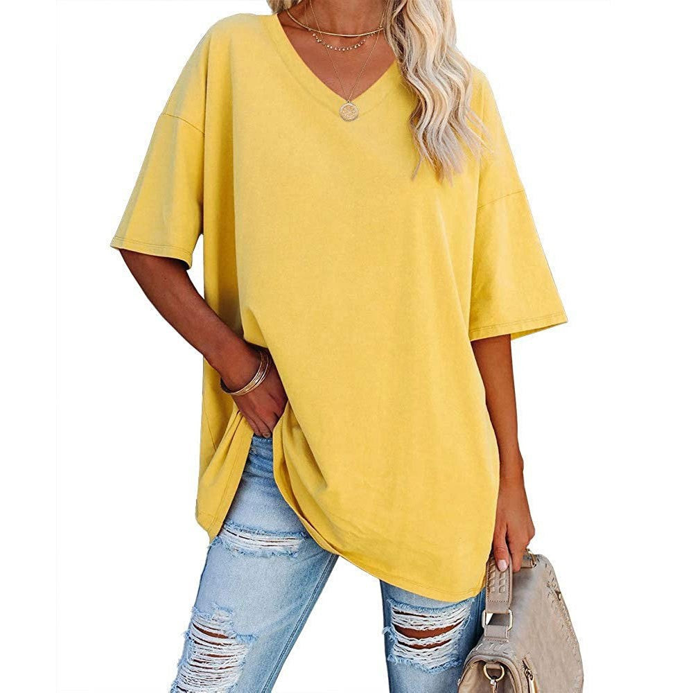 Femme T-Shirt Oversize Manches Courtes avec Col en V