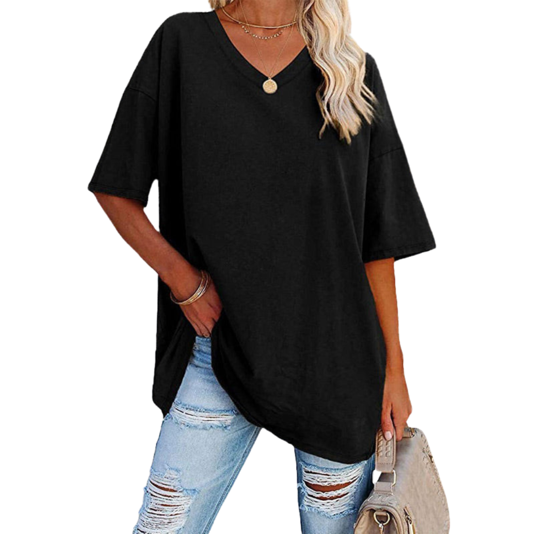 Femme T-Shirt Oversize Manches Courtes avec Col en V
