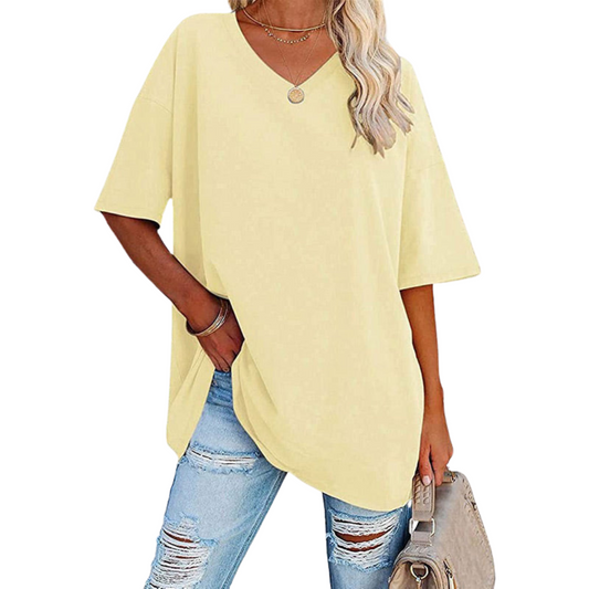 Femme T-Shirt Oversize Manches Courtes avec Col en V