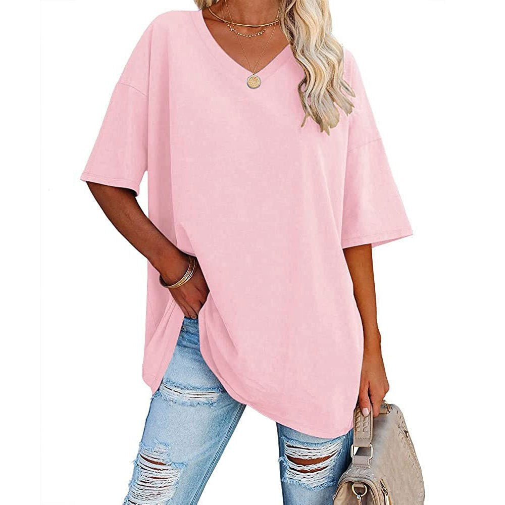 Femme T-Shirt Oversize Manches Courtes avec Col en V