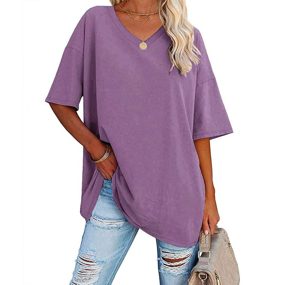 Femme T-Shirt Oversize Manches Courtes avec Col en V