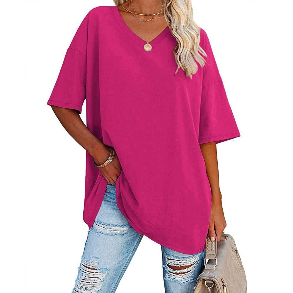 Femme T-Shirt Oversize Manches Courtes avec Col en V