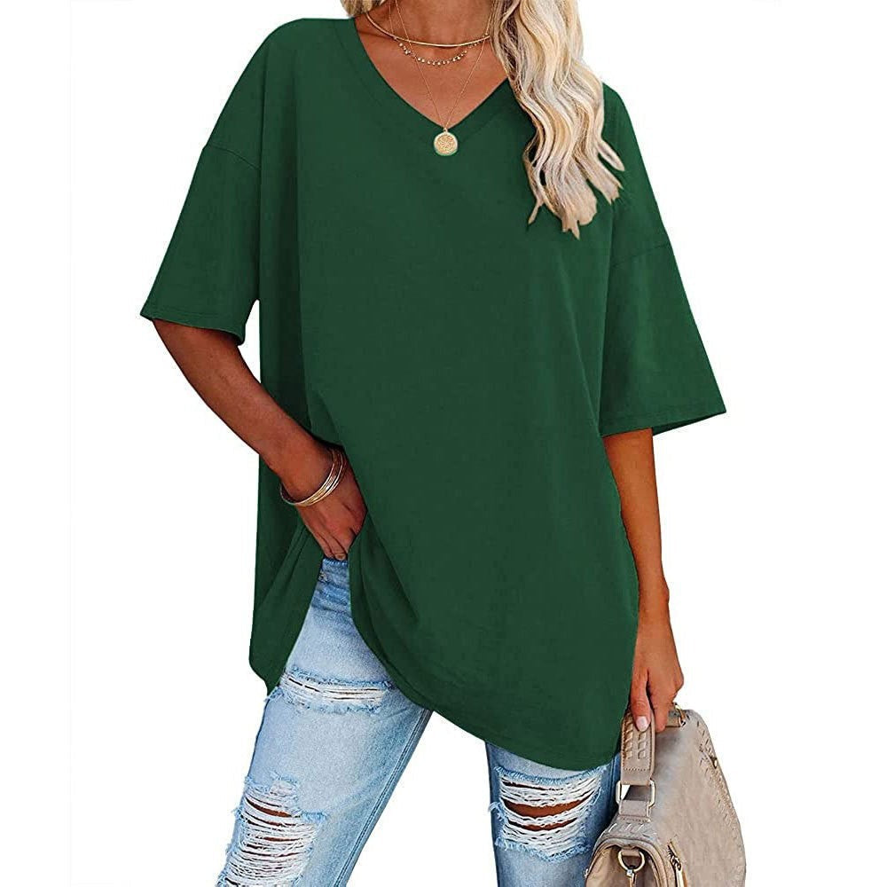 Femme T-Shirt Oversize Manches Courtes avec Col en V
