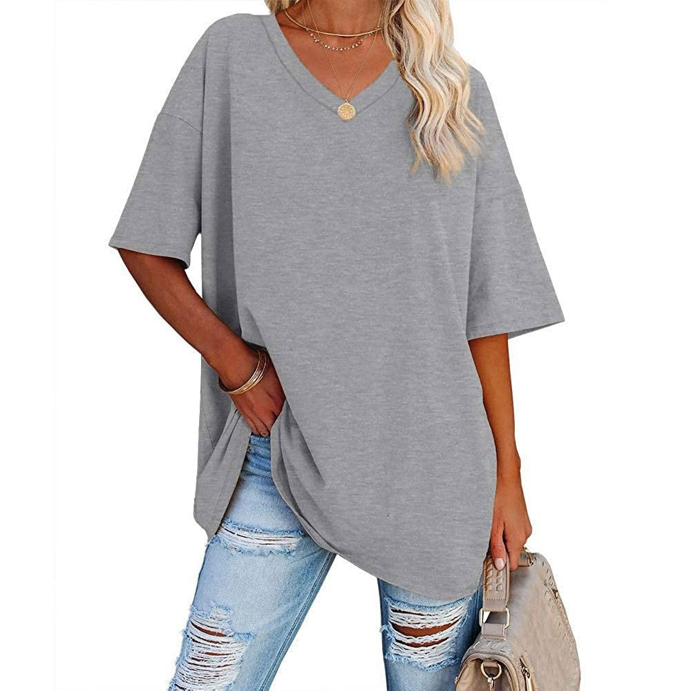 Femme T-Shirt Oversize Manches Courtes avec Col en V