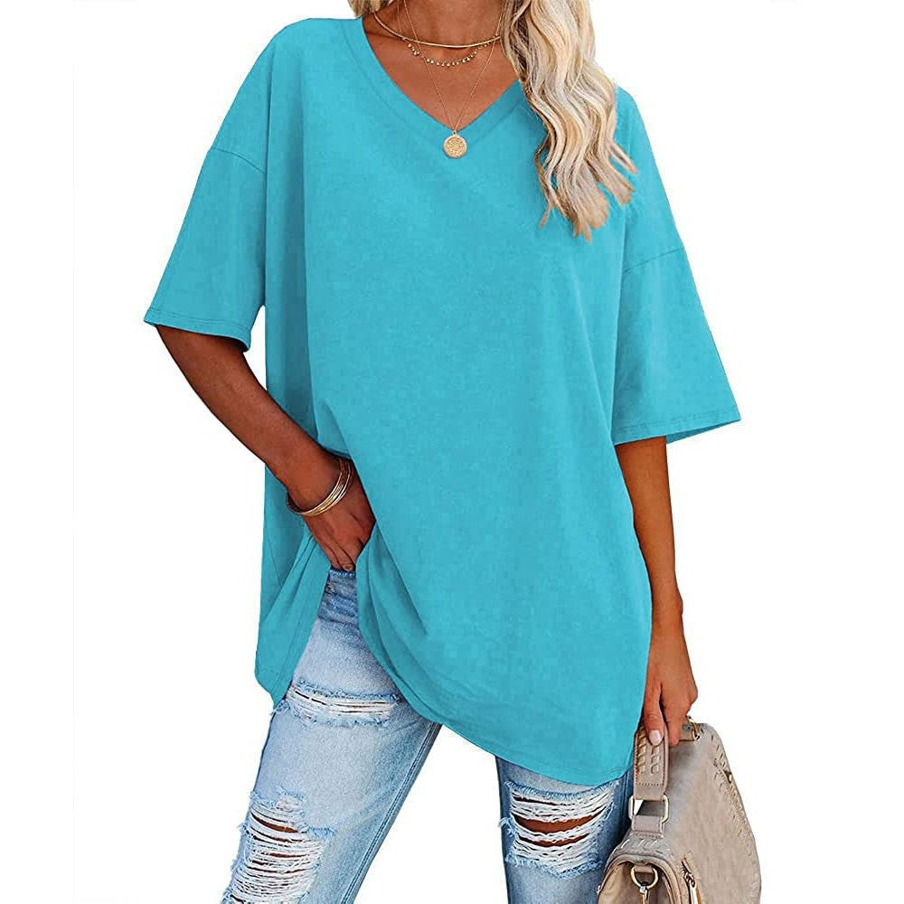 Femme T-Shirt Oversize Manches Courtes avec Col en V