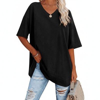 Femme T-shirt Oversized Manches Courtes avec Col en V et Fente Latérale