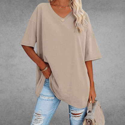 Femme T-shirt Oversized Manches Courtes avec Col en V et Fente Latérale
