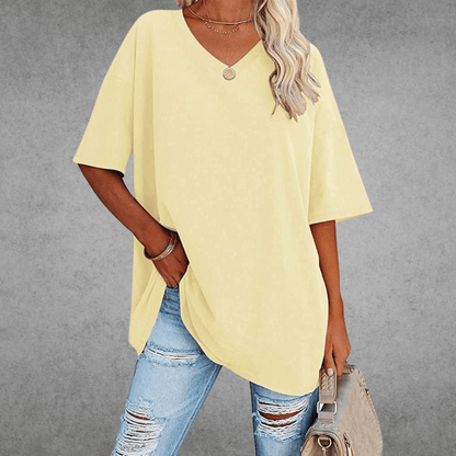 Femme T-shirt Oversized Manches Courtes avec Col en V et Fente Latérale