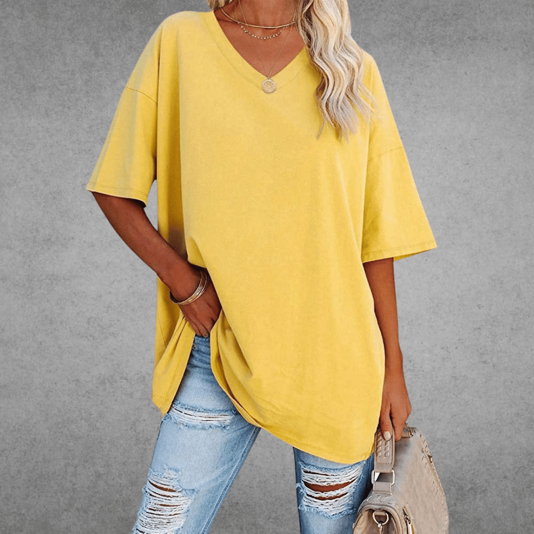 Femme T-shirt Oversized Manches Courtes avec Col en V et Fente Latérale