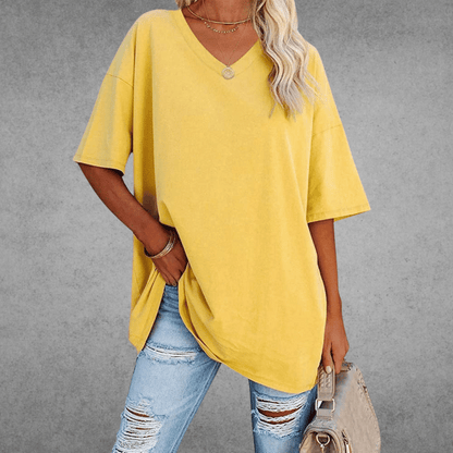 Femme T-shirt Oversized Manches Courtes avec Col en V et Fente Latérale