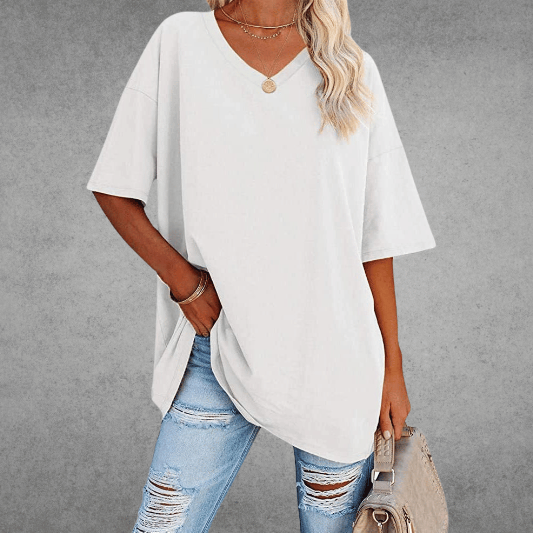 Femme T-shirt Oversized Manches Courtes avec Col en V et Fente Latérale