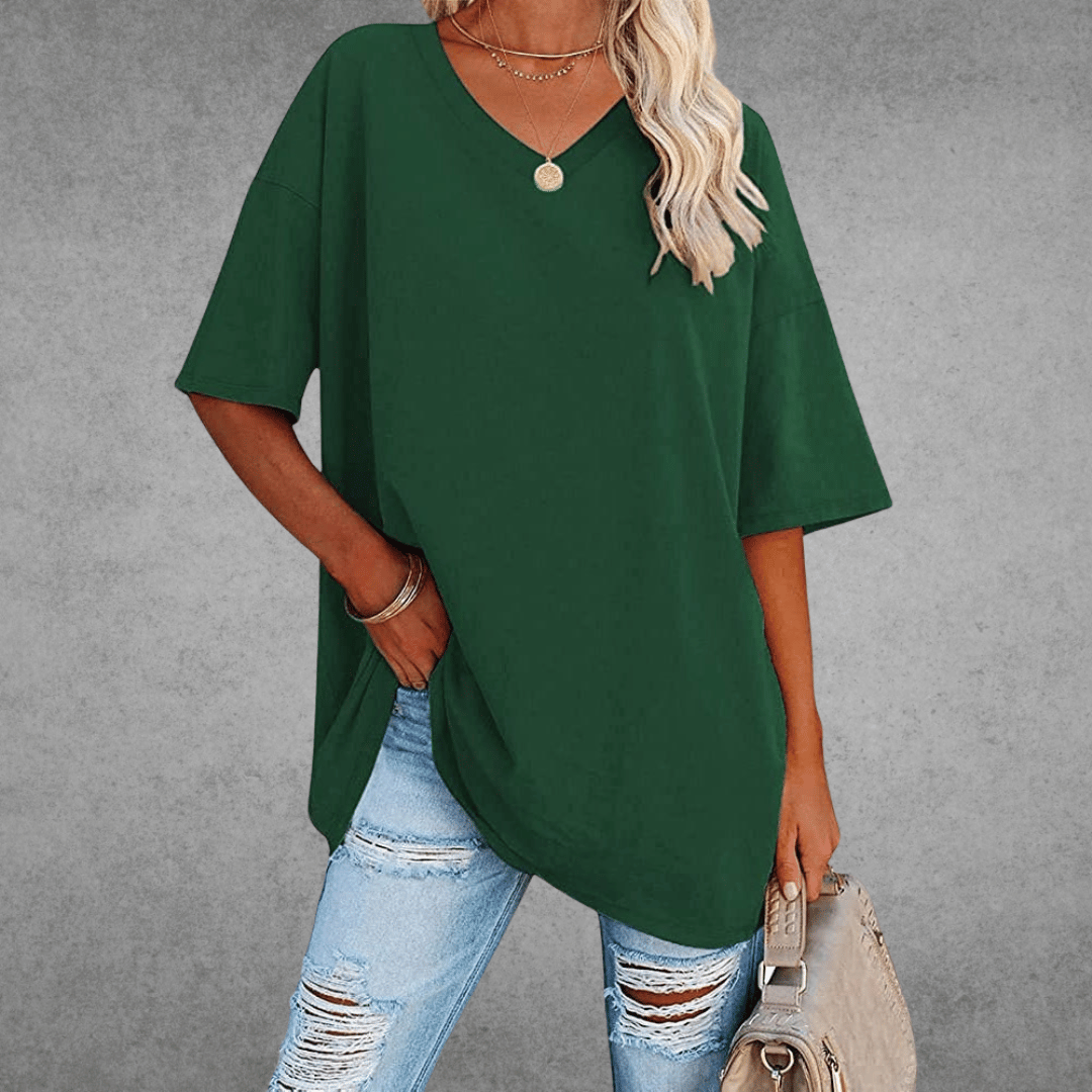 Femme T-shirt Oversized Manches Courtes avec Col en V et Fente Latérale