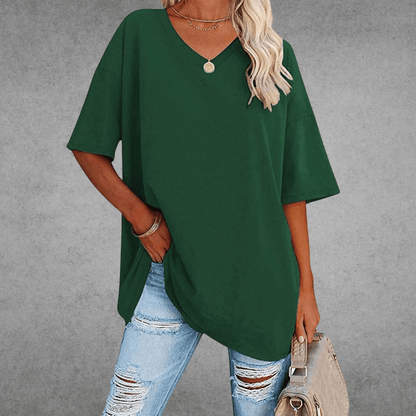 Femme T-shirt Oversized Manches Courtes avec Col en V et Fente Latérale