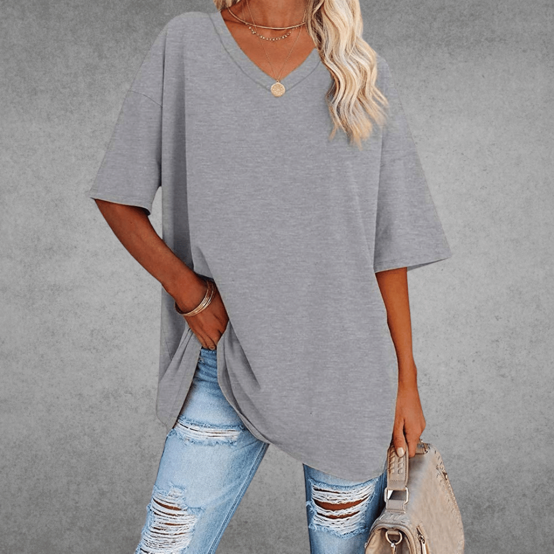 Femme T-shirt Oversized Manches Courtes avec Col en V et Fente Latérale