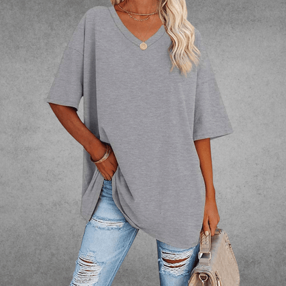 Femme T-shirt Oversized Manches Courtes avec Col en V et Fente Latérale