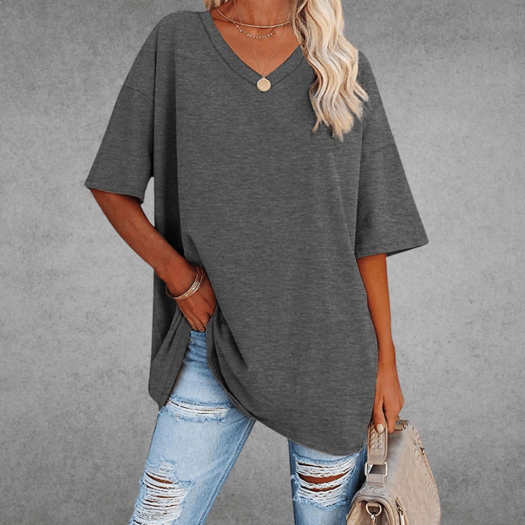Femme T-shirt Oversized Manches Courtes avec Col en V et Fente Latérale