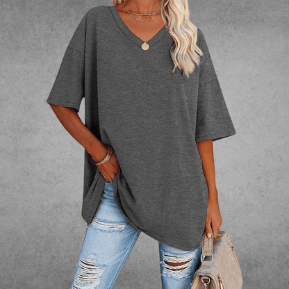 Femme T-shirt Oversized Manches Courtes avec Col en V et Fente Latérale