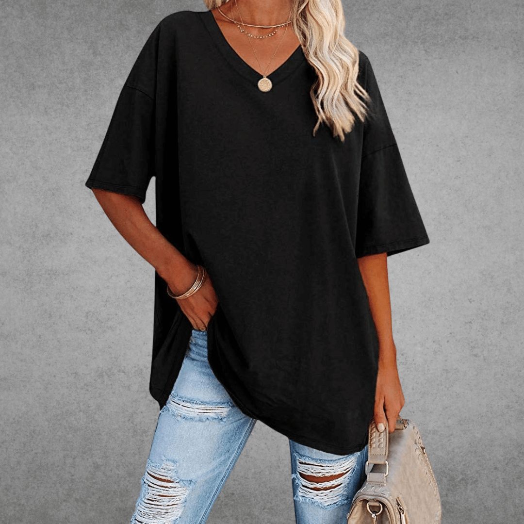 Femme T-shirt Oversized Manches Courtes avec Col en V et Fente Latérale