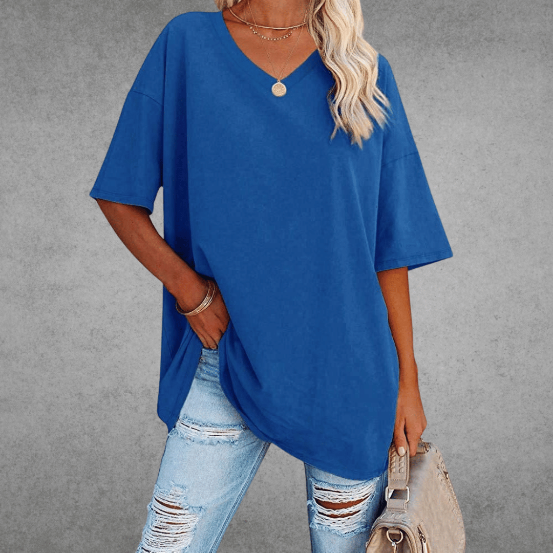 Femme T-shirt Oversized Manches Courtes avec Col en V et Fente Latérale