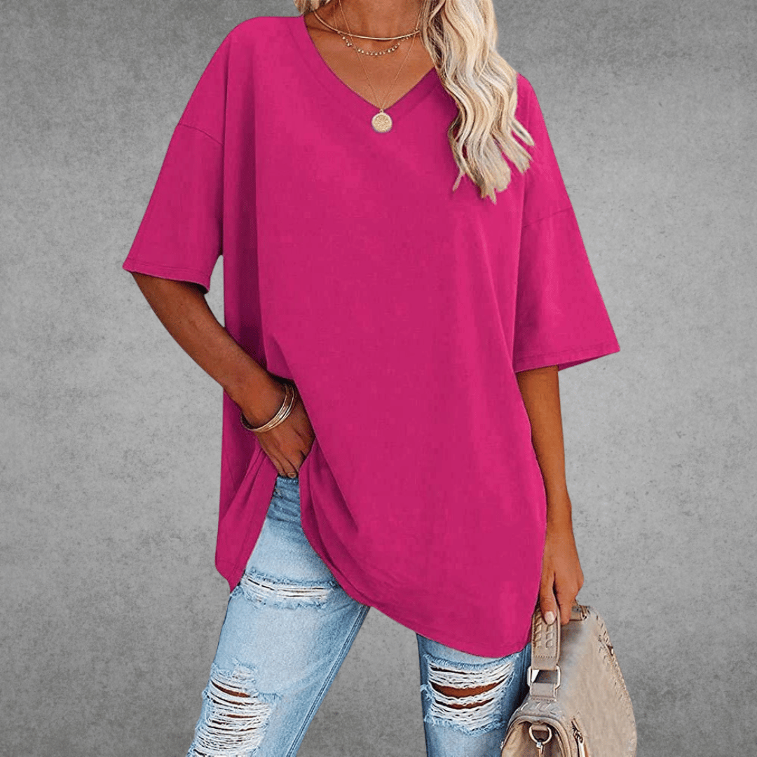 Femme T-shirt Oversized Manches Courtes avec Col en V et Fente Latérale