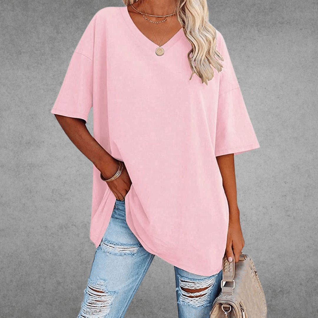 Femme T-shirt Oversized Manches Courtes avec Col en V et Fente Latérale