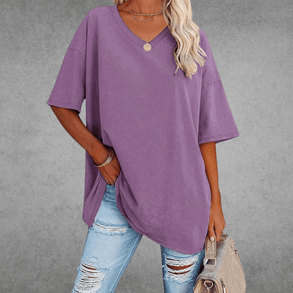 Femme T-shirt Oversized Manches Courtes avec Col en V et Fente Latérale