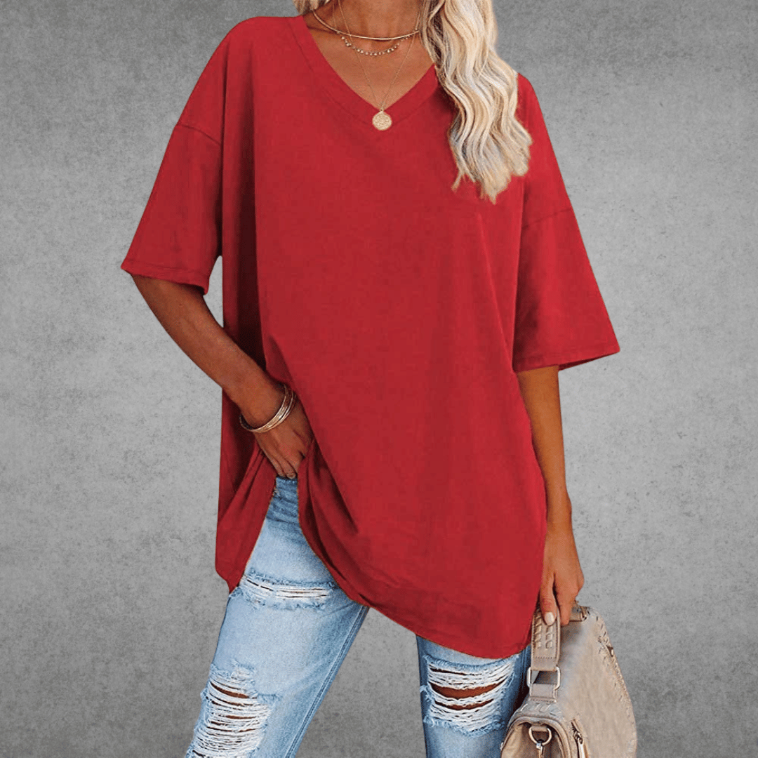Femme T-shirt Oversized Manches Courtes avec Col en V et Fente Latérale