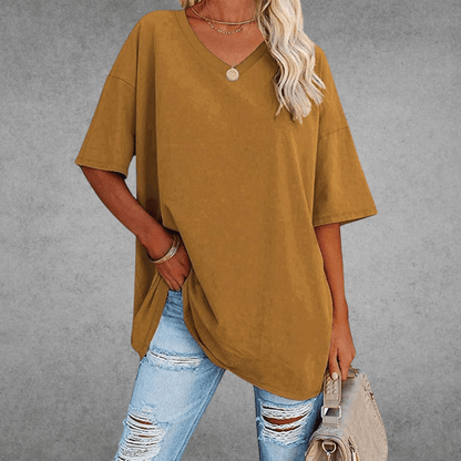 Femme T-shirt Oversized Manches Courtes avec Col en V et Fente Latérale