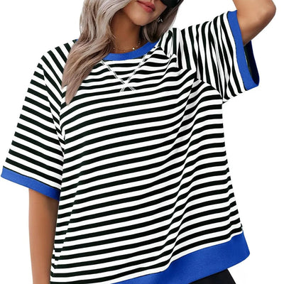 Femme T-shirt Rayé Oversized à Col Rond et Détails Colorblock