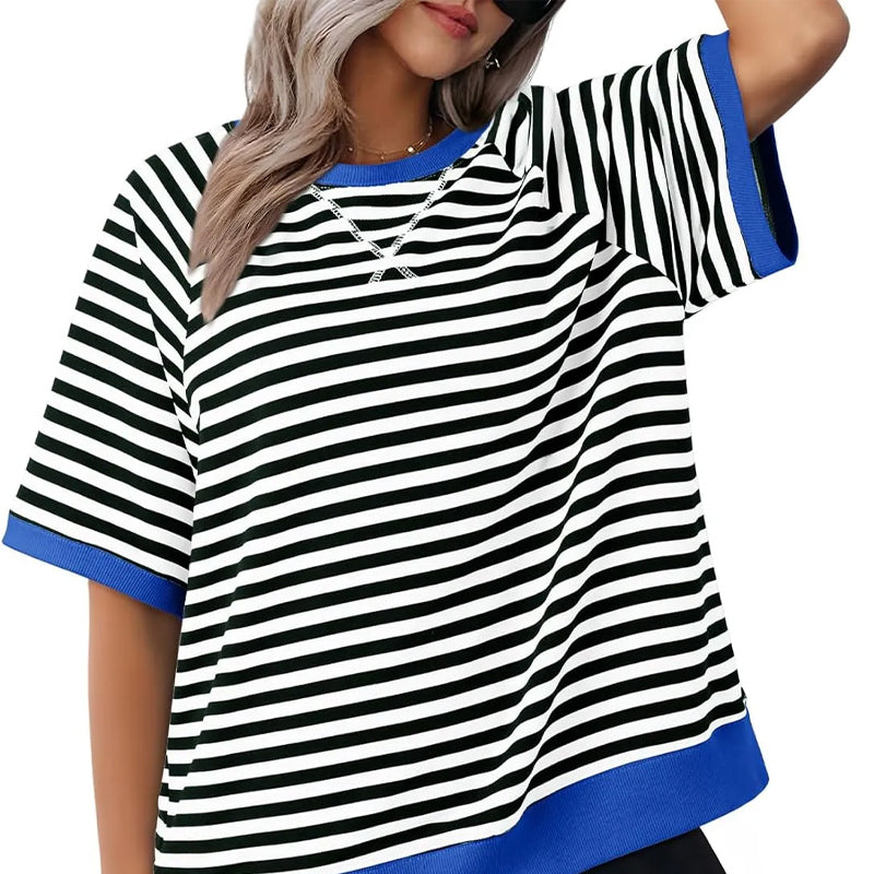 Femme T-shirt Rayé Oversized à Col Rond et Détails Colorblock