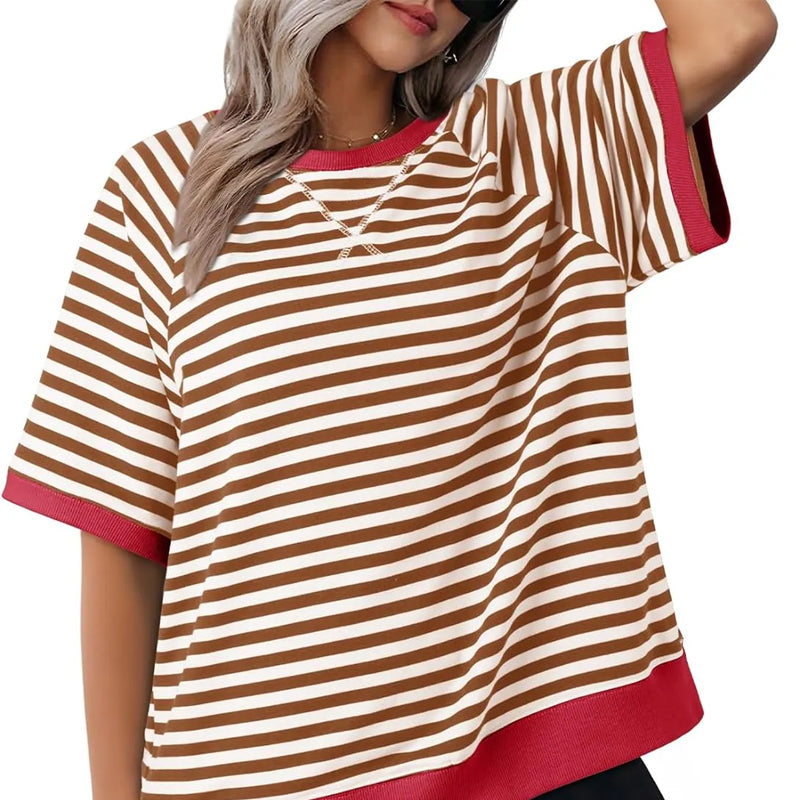Femme T-shirt Rayé Oversized à Col Rond et Détails Colorblock