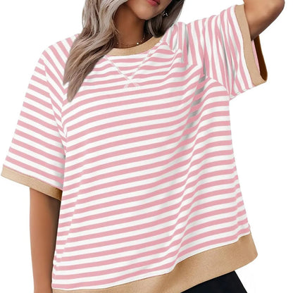 Femme T-shirt Rayé Oversized à Col Rond et Détails Colorblock