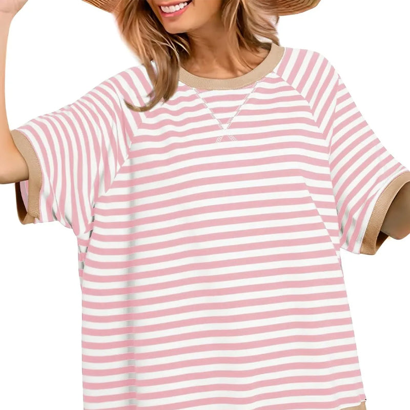 Femme T-shirt Rayé Oversized à Col Rond et Détails Colorblock