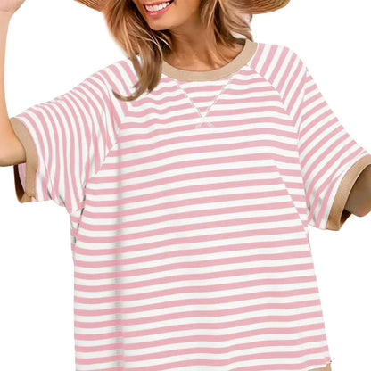 Femme T-shirt Rayé Oversized à Col Rond et Détails Colorblock