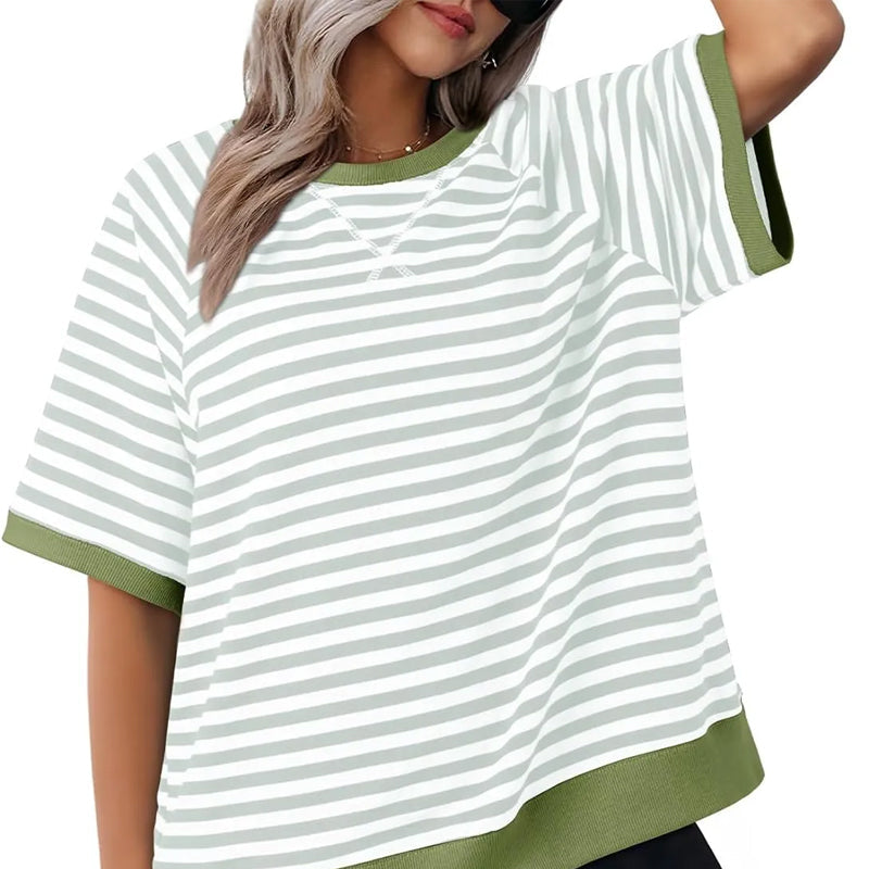 Femme T-shirt Rayé Oversized à Col Rond et Détails Colorblock