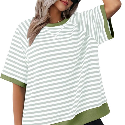 Femme T-shirt Rayé Oversized à Col Rond et Détails Colorblock
