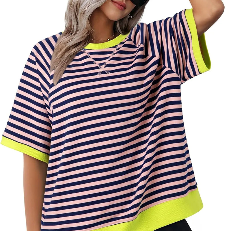 Femme T-shirt Rayé Oversized à Col Rond et Détails Colorblock