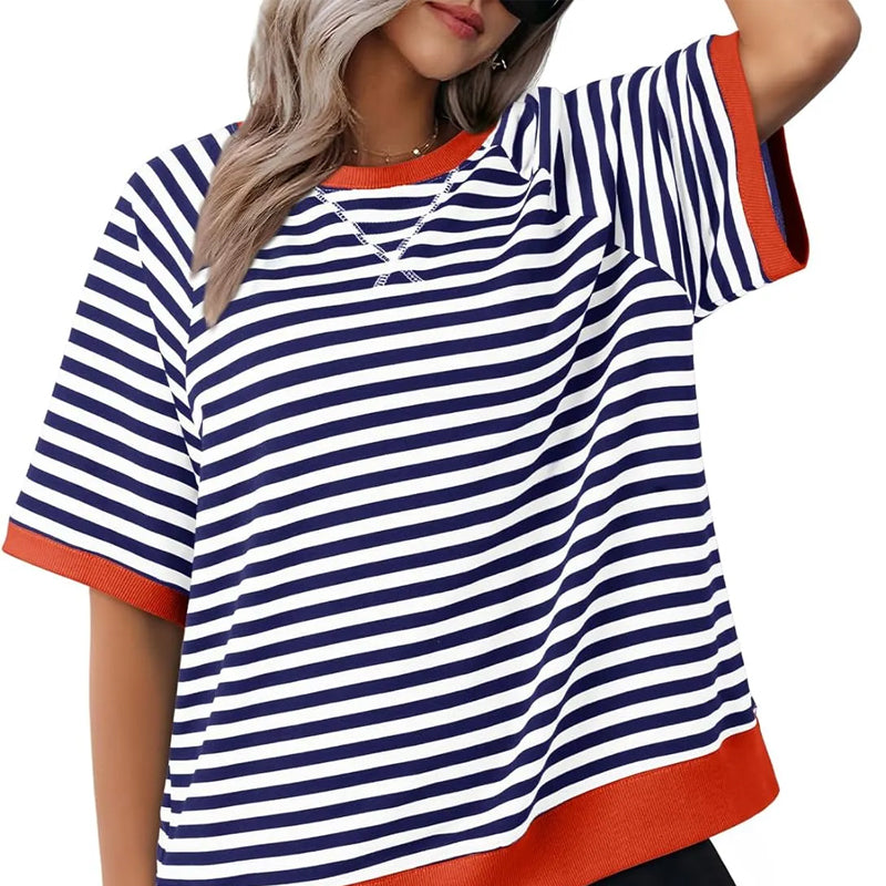 Femme T-shirt Rayé Oversized à Col Rond et Détails Colorblock