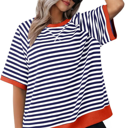 Femme T-shirt Rayé Oversized à Col Rond et Détails Colorblock