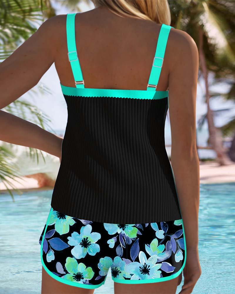 Femme Tankini Deux-Pièces à Bretelles Réglables avec Short Fleuri