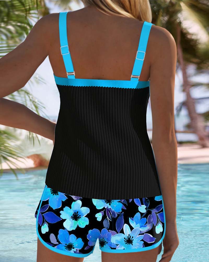 Femme Tankini Deux-Pièces à Bretelles Réglables avec Short Fleuri