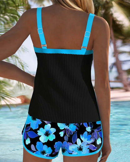 Femme Tankini Deux-Pièces à Bretelles Réglables avec Short Fleuri
