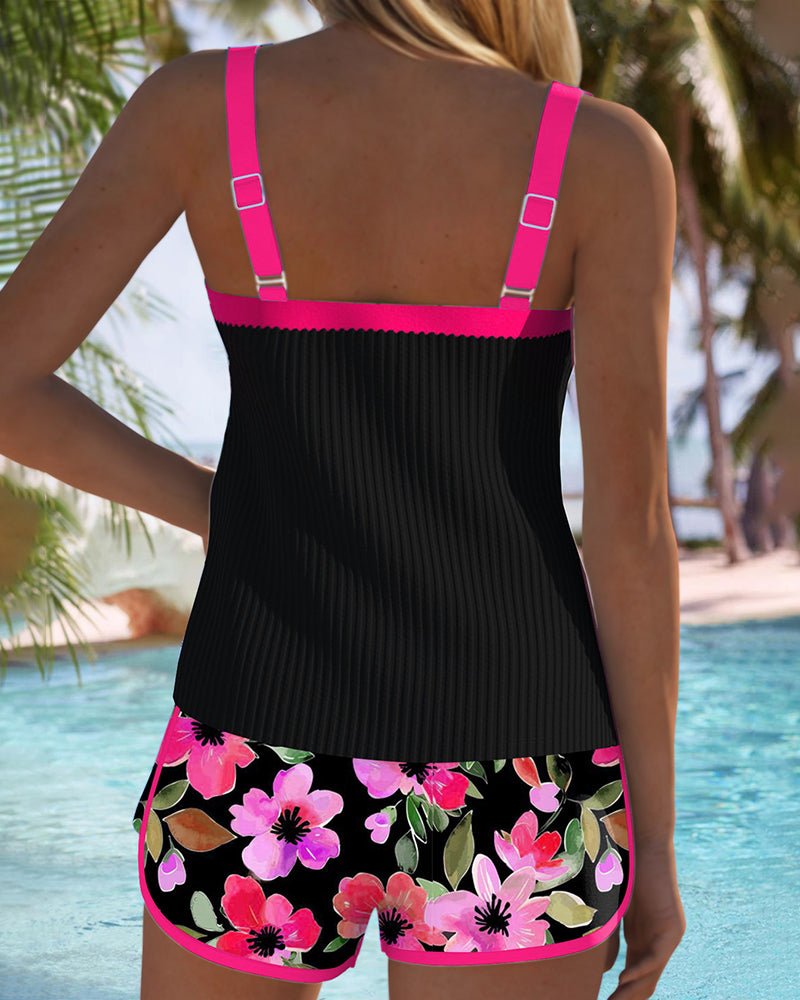 Femme Tankini Deux-Pièces à Bretelles Réglables avec Short Fleuri