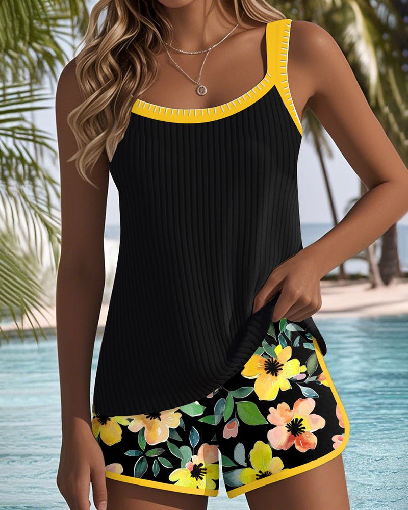 Femme Tankini Deux-Pièces à Bretelles Réglables avec Short Fleuri